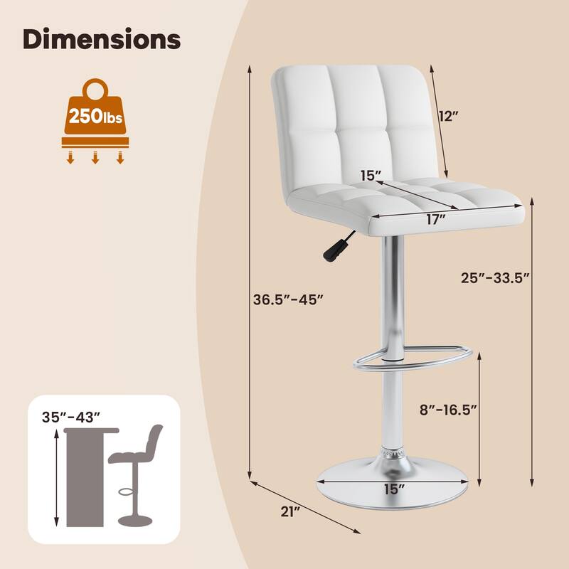 Set of 2 Adjustable Height Bar Stool with PU Leather Seat and Swivel Function for Kitchen or Pub - 17.5"L x 20"W x 37" - 45"H