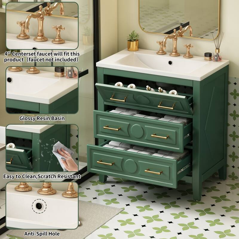 30 inch MDF Freestanding Bathroom Vanity Set in Green with Integrated Resin Sink