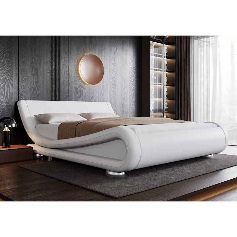 Upholstered White Platform Bed Frame with Curved Headboard and PU Leather - White - Full
