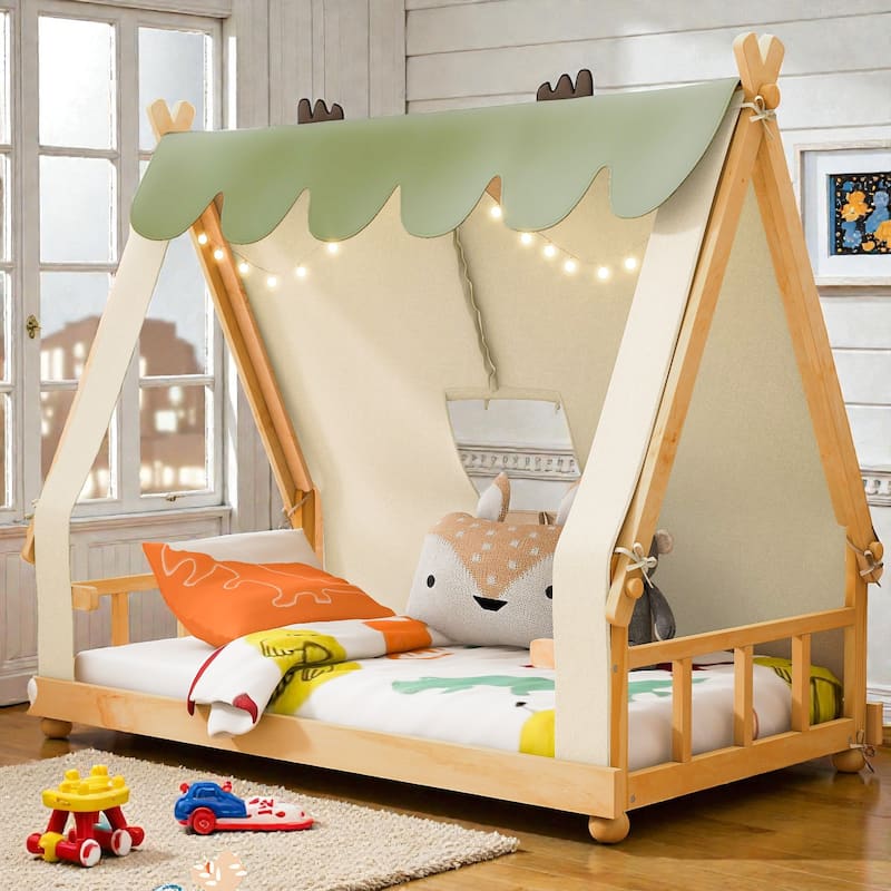 Twin/Full House Bed with Detachable Tent and Skylight, Kids Cabin Bed with Canopy, Light, and Forest-Themed Accents - White - Twin