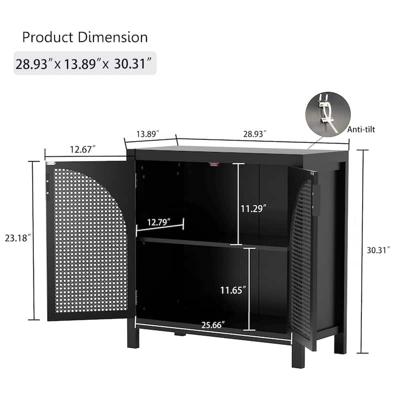 Modern Rattan Accent Cabinet with Arched Doors, 29" Buffet Storage Cabinet with Adjustable Shelf for Entryway or Kitchen