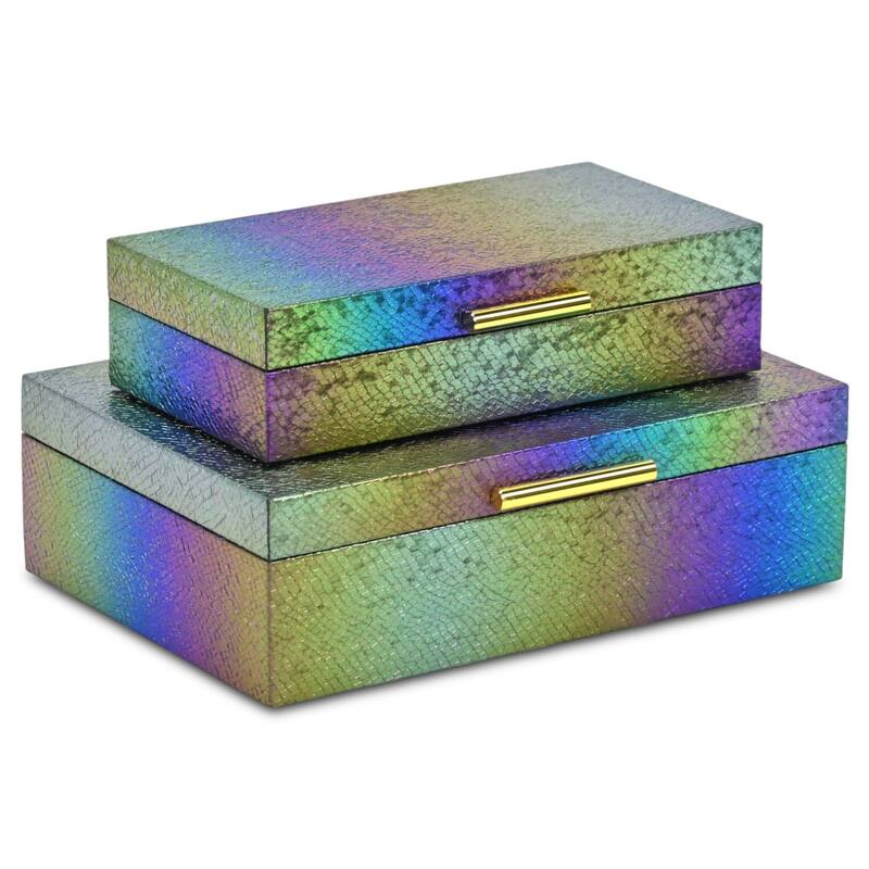 Nimue Set of 2 Rectangular Decorative Storage Boxes - Prismatic Fish Scale Pattern with Gold Hardware