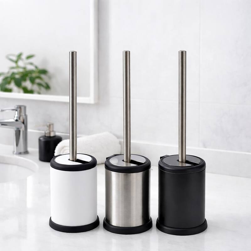 Black Toilet Brush Set with Stainless Steel Handle, Folding Lid and Removable Insert - 15 inches H x 4.8" Diam