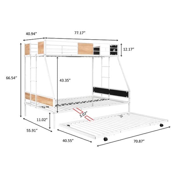 dimension image slide 0 of 2, Metal Bunk Bed Twin over Full Size with Trundle for 3, Heavy-duty Metal Bedframe with Guard Rails,Triple Metal Bunk Bed Frame