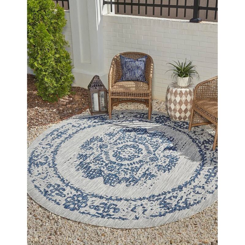 Outdoor Nirie Collection Area Rug - Blue - 7'10" Round