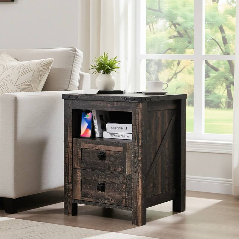 Modern Side Table with Charging Station, Nightstand, End Table - Black