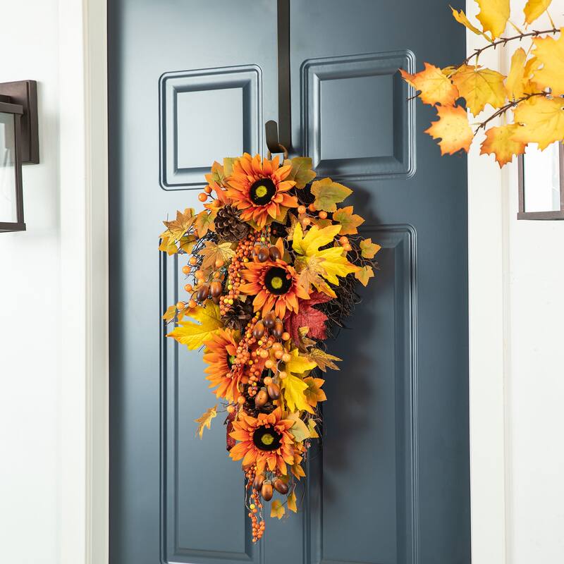 Glitzhome 3ft Fall Sunflower Leaf Potted Tree Thanksgiving Porch Decor