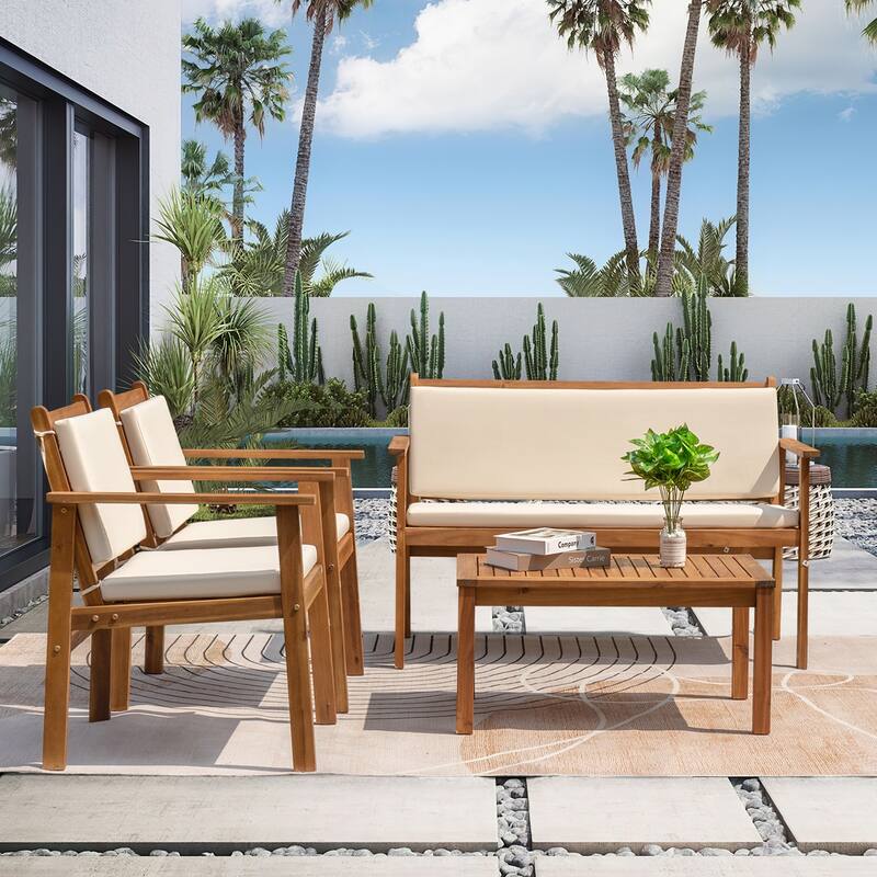 Furniwell Patio Set Acacia Wood Furniture Conversation Seat with Table