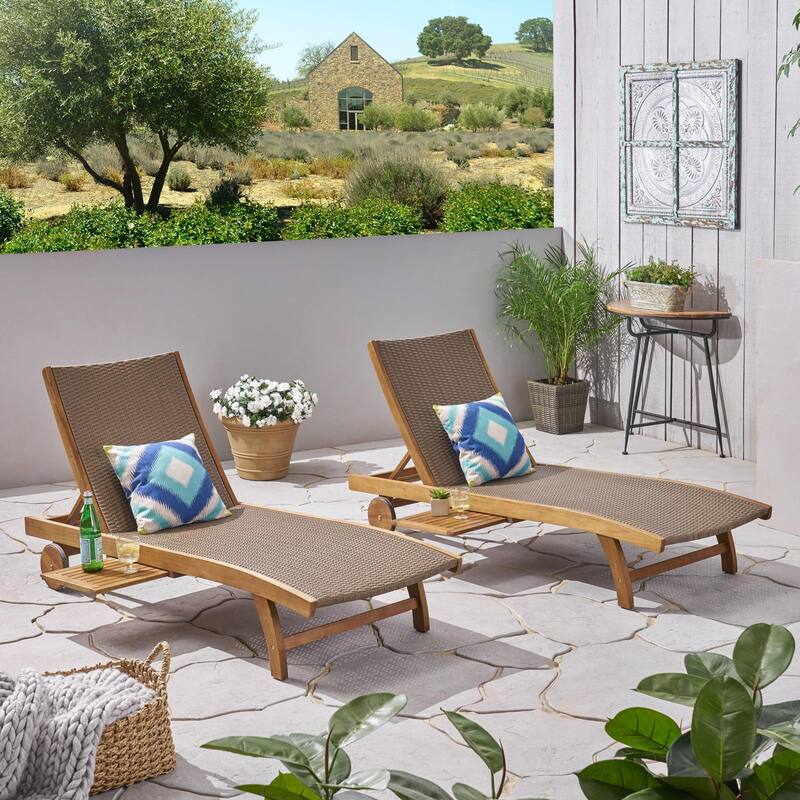 Set of 2 outdoor solid wood deck chairs with pull-out tray and rollers