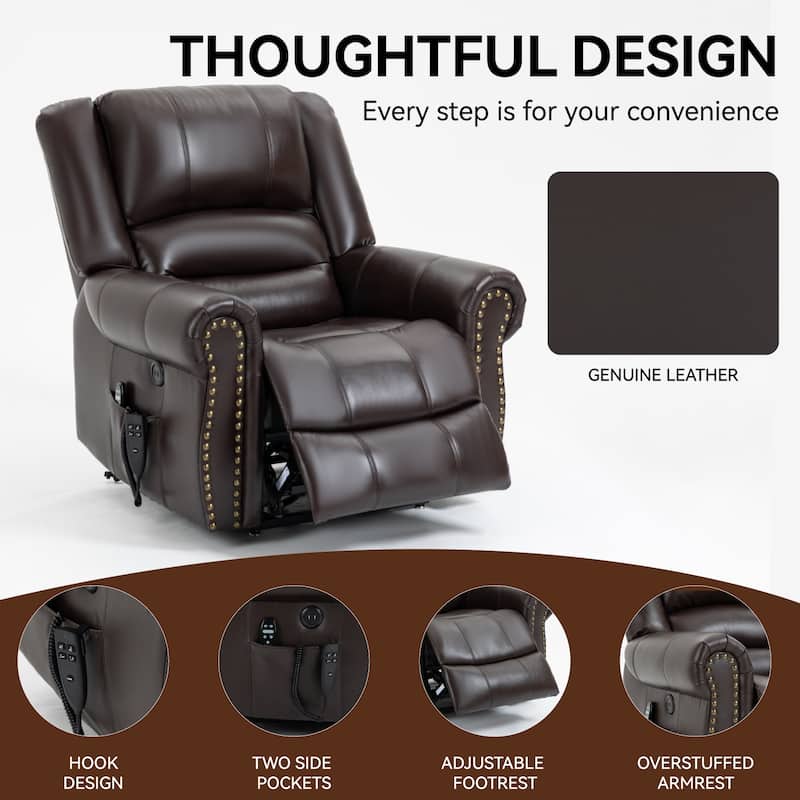 Genuine Leather Electric Lift Recliner with Dual Motors, 8-Point Massage, Heating, USB Charging, and Infinite Recline