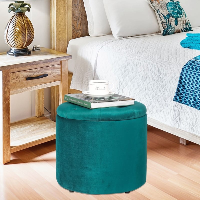 Adeco Round Storage Ottoman Footrest Stool With Removable Lid