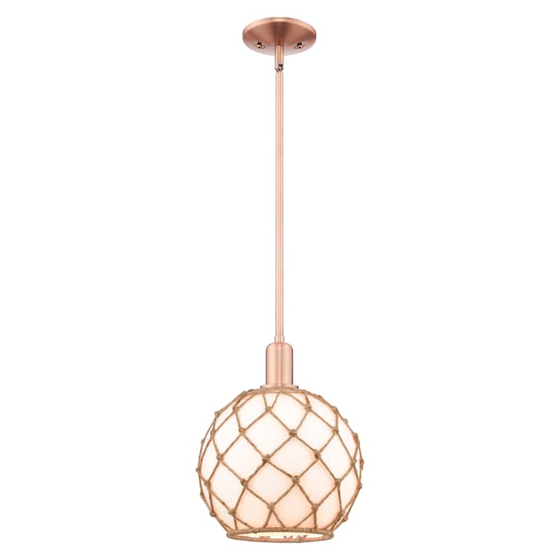 Innovations Lighting Endless Possibilities Arcadia - Farmhouse Rope - 1 Light 10" Stem Hung Mini Pendant - White Glass with Brown Rope/Antique Copper