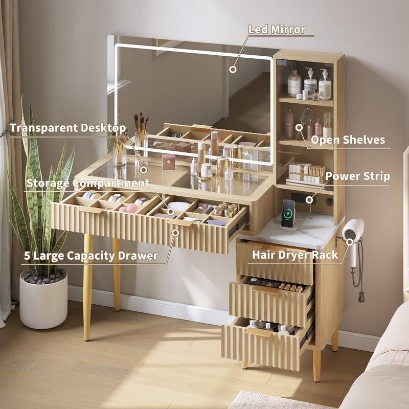 Modern Glass Top Dressing Table with 5 Drawers， LED Mirror