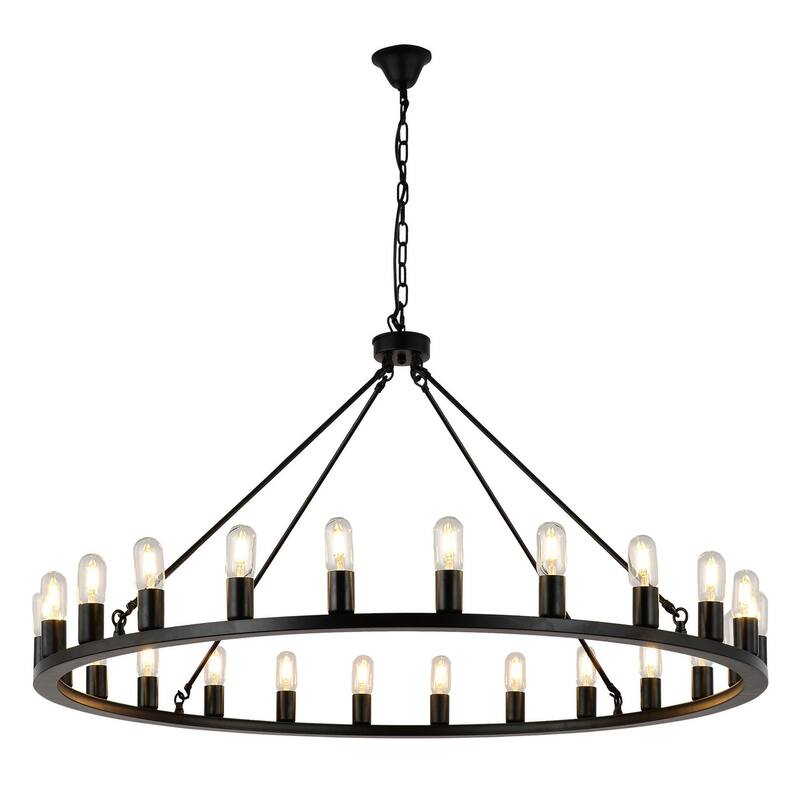 48" Black 24-Light Wagon Wheel Farmhouse Candle Round Wrought Iron Chandelier