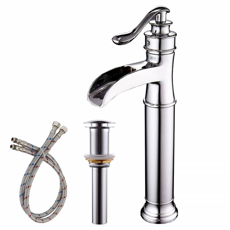 Waterfall Bathroom Vessel Faucet With Drain Assembly Single Handle Bathroon Vessel Sink Faucets One Hole Basin Vanity High Taps