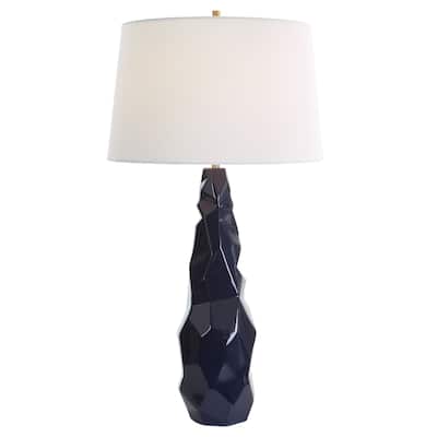 Abstract Geometric Glossy Table Lamp with Tapered Drum Shade- 31" - Navy Blue
