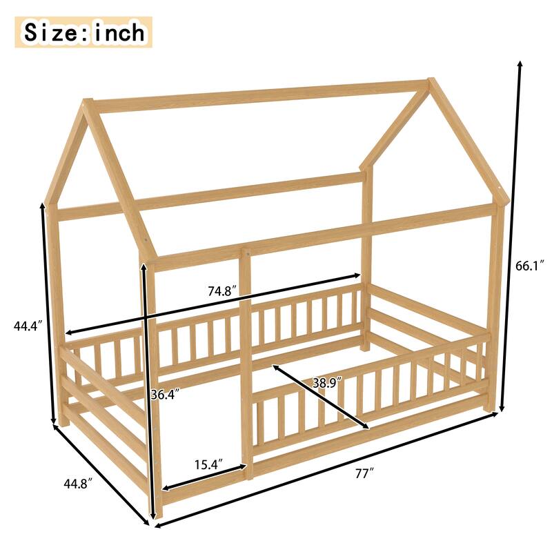Wooden House Frame Floor Bed with Roof, Fence Guardrails, Pine Wood Kids Platform Bed for Bedroom