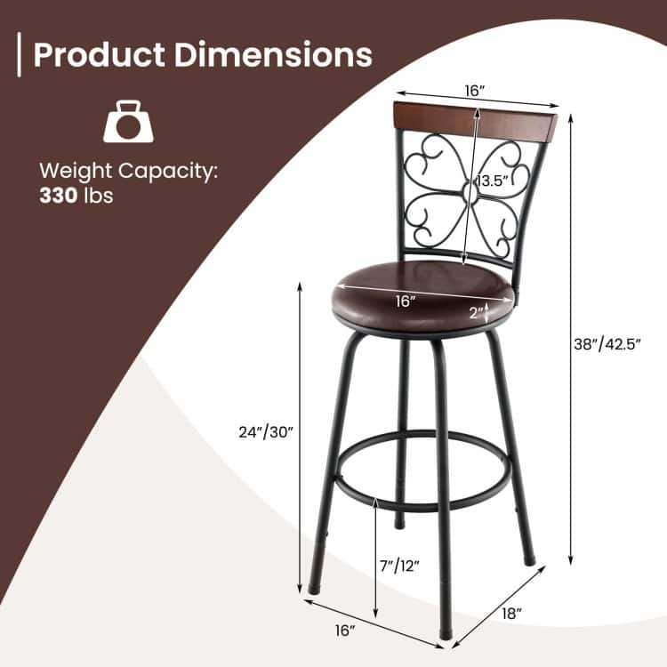2 Pieces 24-30 Inch Adjustable PU Cushioned Swivel Barstools-Brown - 18" x 16" x 42.5" (L x W x H)