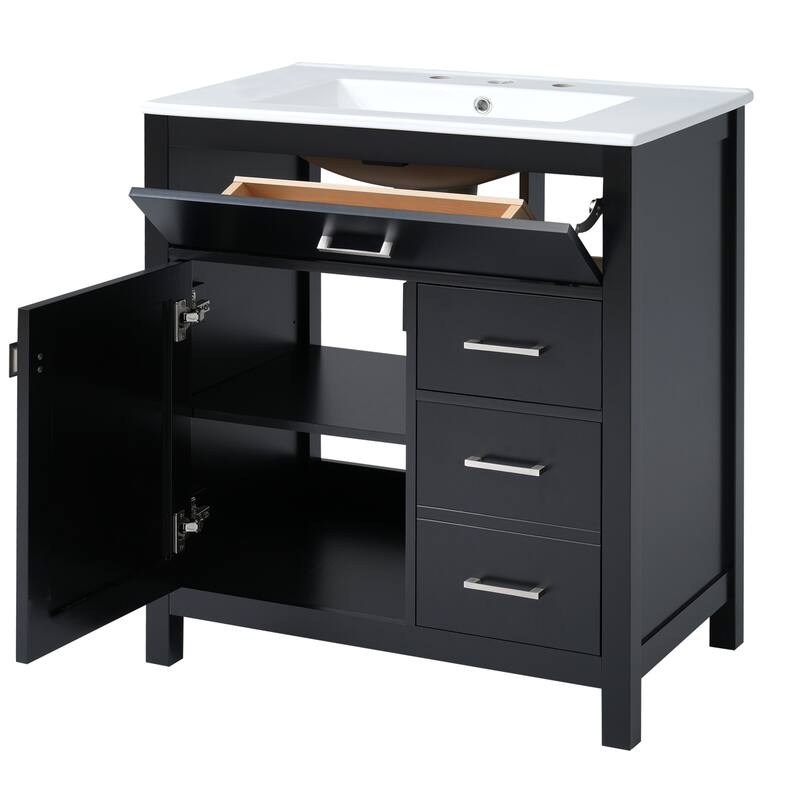 Bathroom Vanity with Ceramic Sink, Bathroom Cabinet with 1 Flip Drawer and 2 Drawers, Bathroom Vanities with Storage Shelves