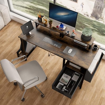 47" Office Desk with 2 Monitor Stands and Fabric File Cabinet, Writing Gaming Table with Shelves and Hooks for Home Office