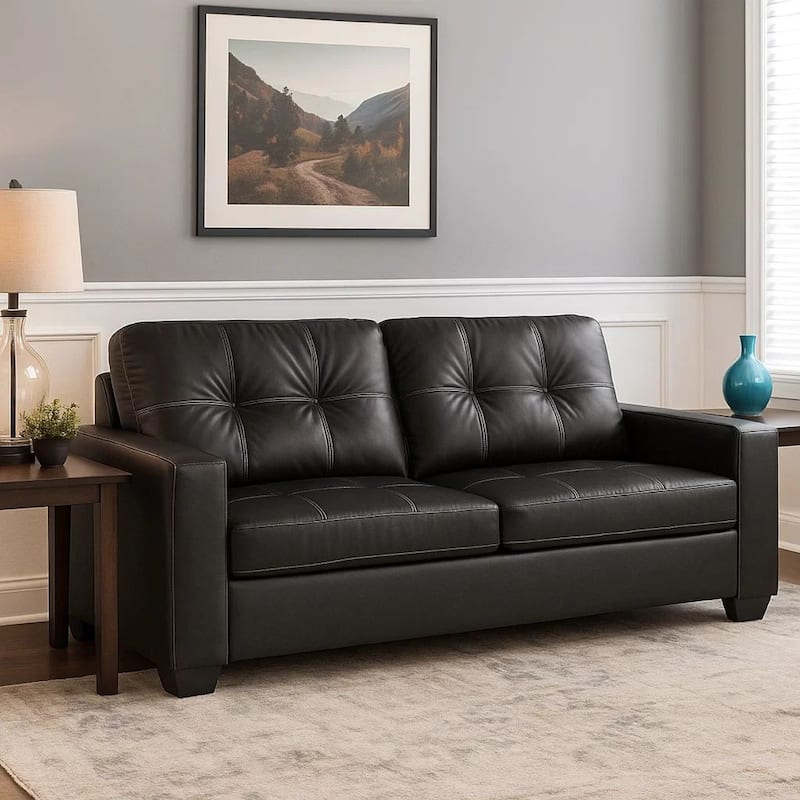 Barl Sofa Sleeper, Queen Size Pull Out Bed, 85 Inch Black Faux Leather