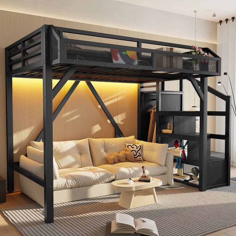 Twin XL/Twin Metal Loft Bed with Storage Stairs, Wardrobe, USB Ports & LED Lights