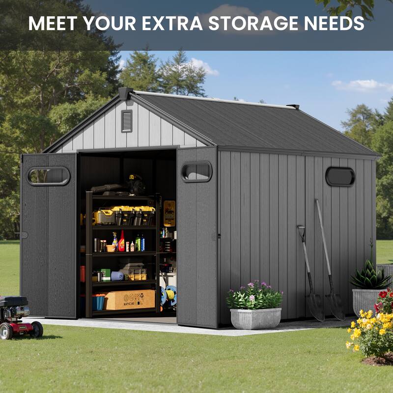 8' x 8' / 8' x 10'/ 8' x 12' Outdoor Resin Storage Shed with Lockable Doors and Air Vents for Garden