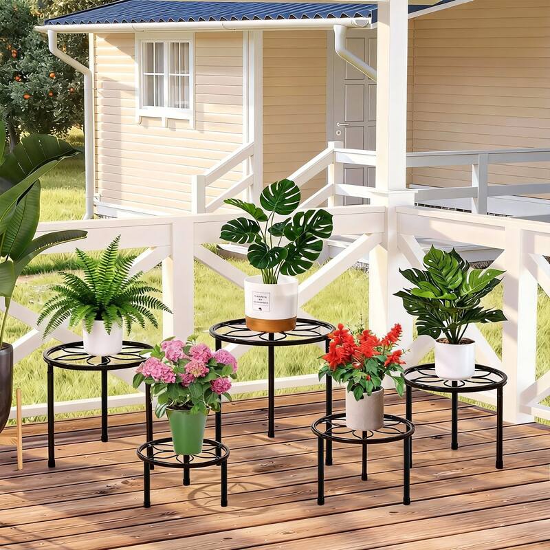 Javlergo 5-Piece Metal Plant Stand Set Multiple Sizes Black Heavy Duty Flower Pot Holder Stands for Indoor Outdoor Use