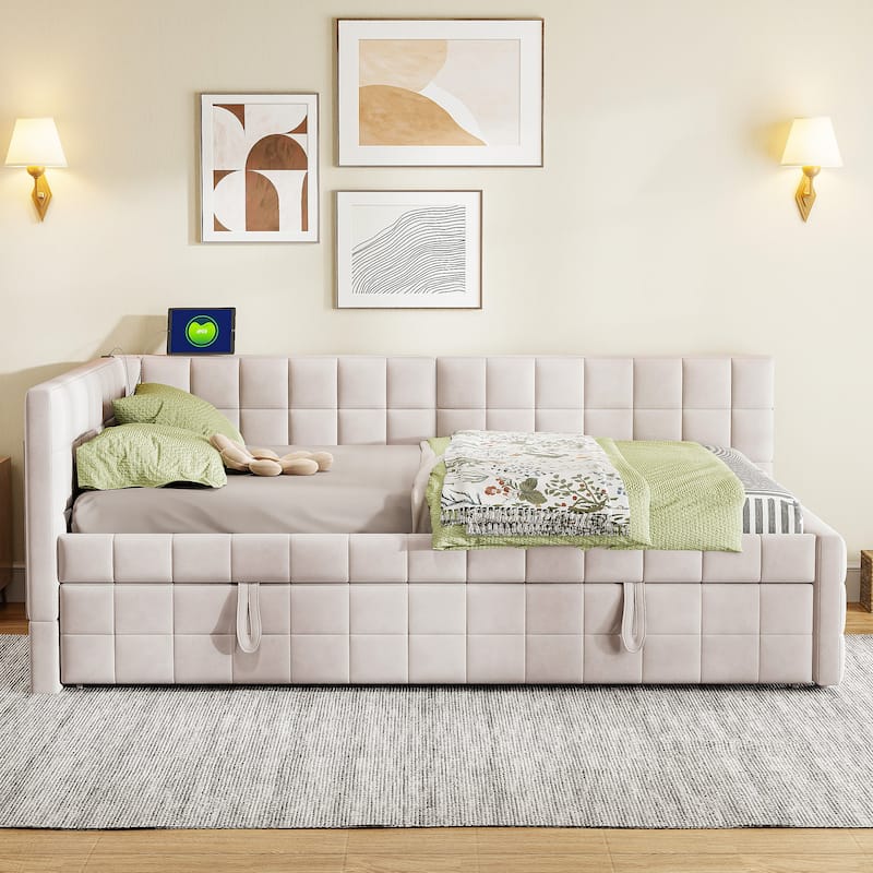 Full Size Daybed with Pull-Out Lift-Up Trundle, Upholstered Daybed Platform Bed with Stripes L-Shaped Backrest and Wood Slats