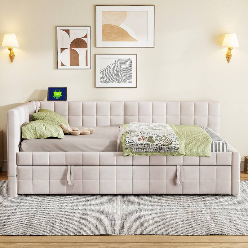 Full Size L-Shaped Upholstered Daybed - Includes Twin Pop-Up Trundle & USB Ports, Versatile Seating & Sleeping Solution
