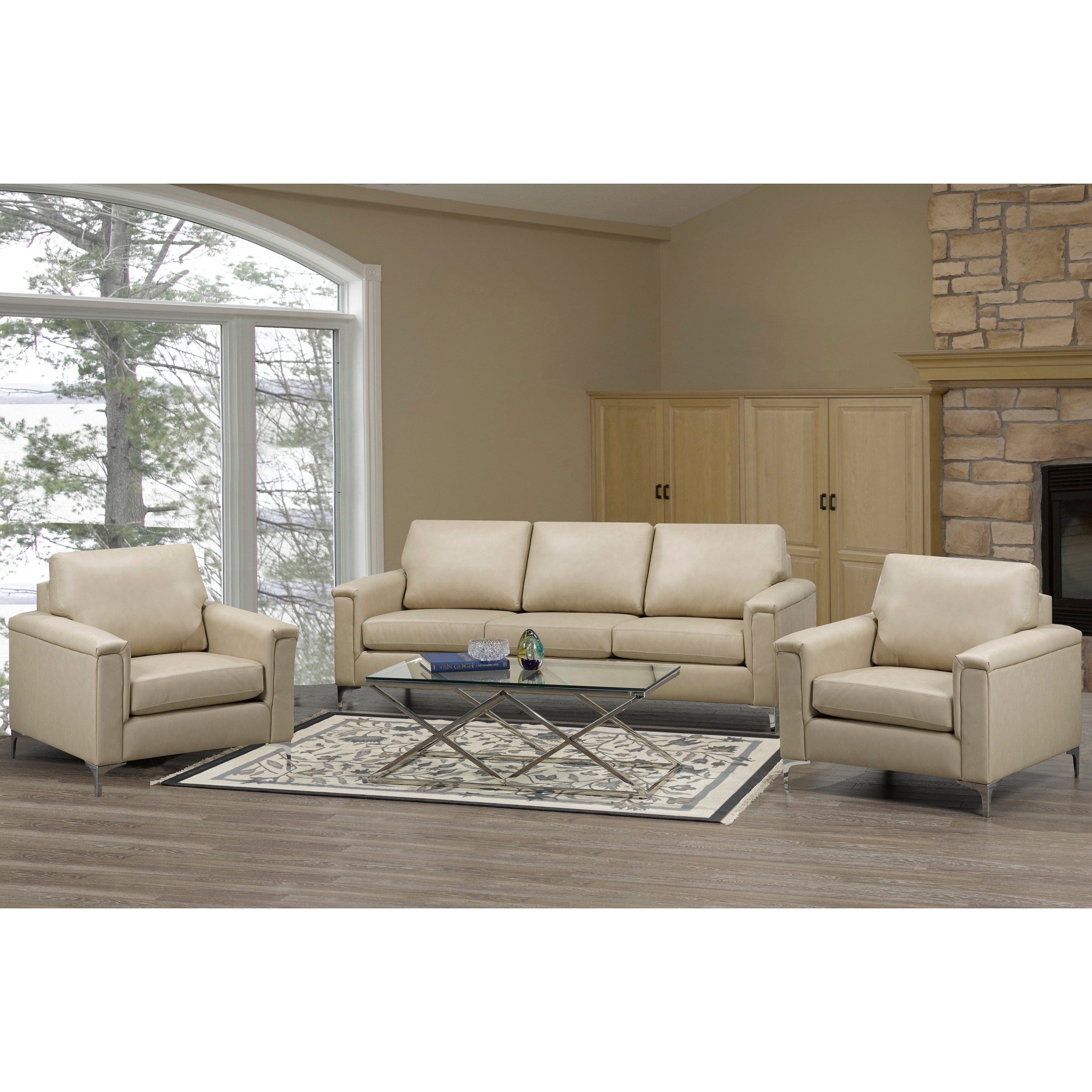 Cream leather deals living room set