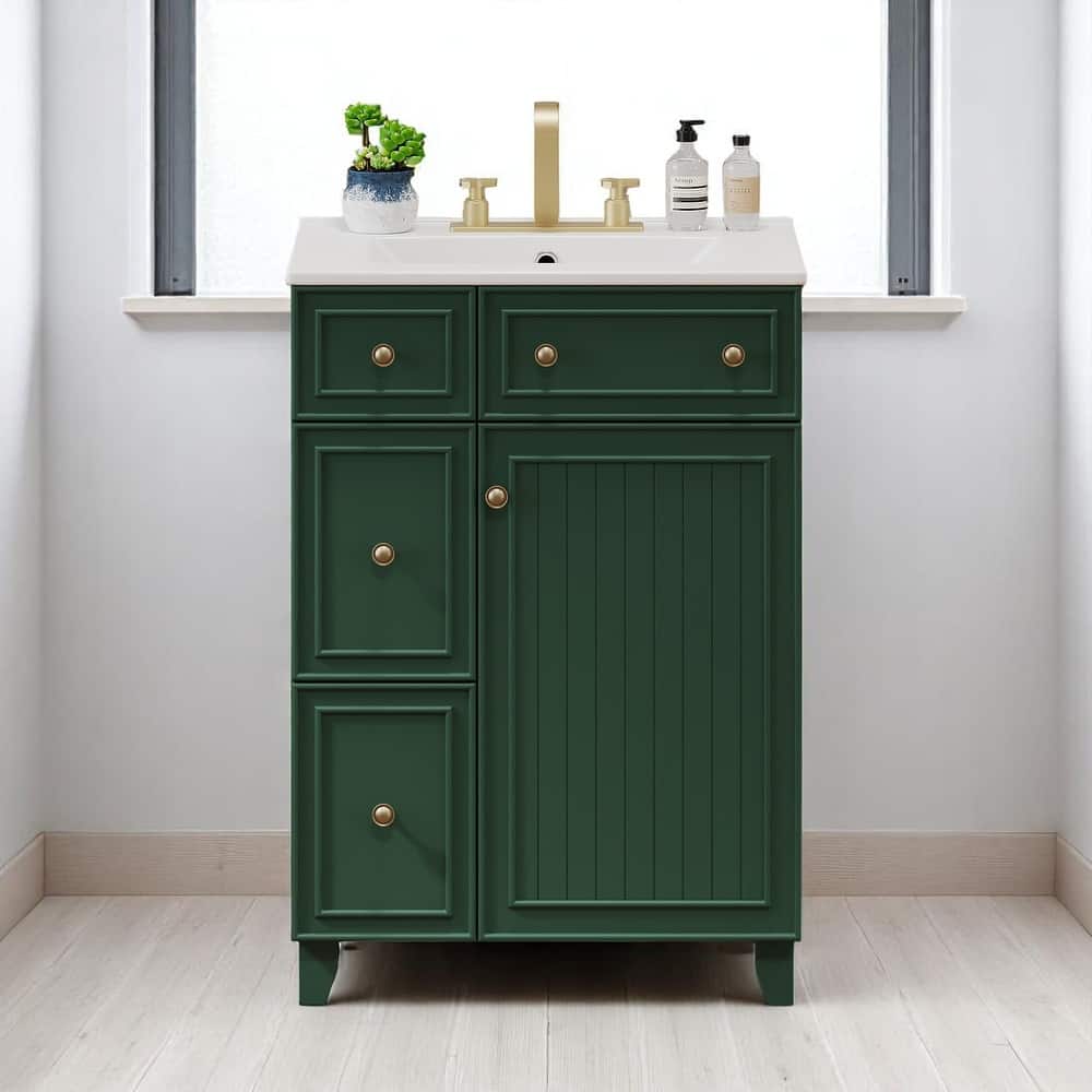 24" Bathroom Vanity with Ceramic Sink, 2 Drawers, Soft-Close Door, Freestanding Cabinet for Small Spaces, MDF and Wood