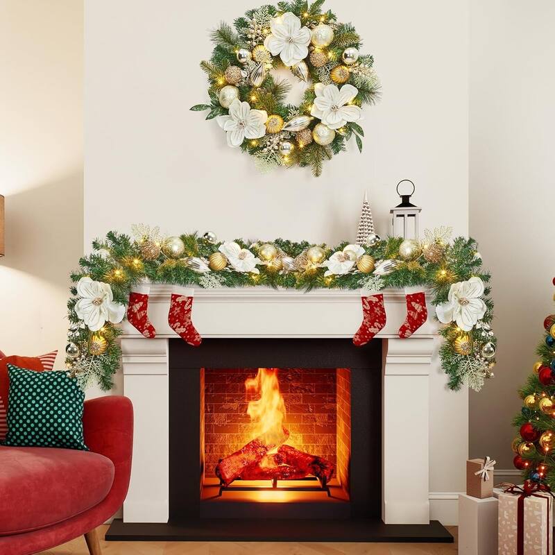 6ft Magnolia Flower Christmas Garland with Lights for Fireplace Stair - N/A