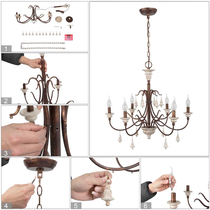 Farmhouse 6-Light Wood Chandelier French Country Candle Ceiling Light for Dining Room - D 26.5" x H 22.5"