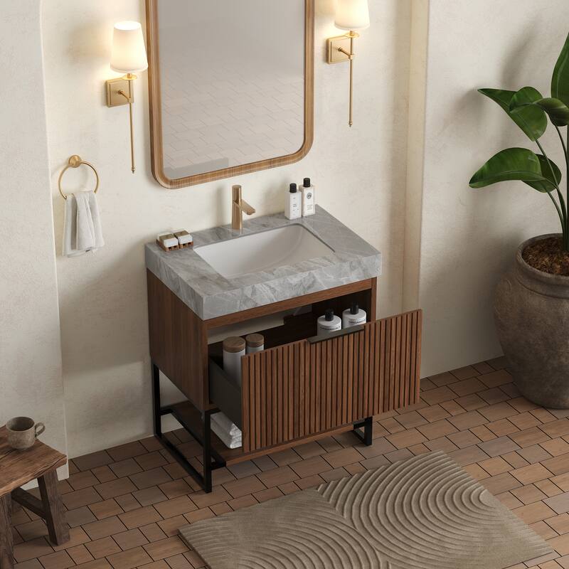 GDFStudio - Yolan Modern 30" Freestanding Bathroom Vanity with Striped Drawer, Open Shelf & Undermount Ceramic Basin - Dark Walnut