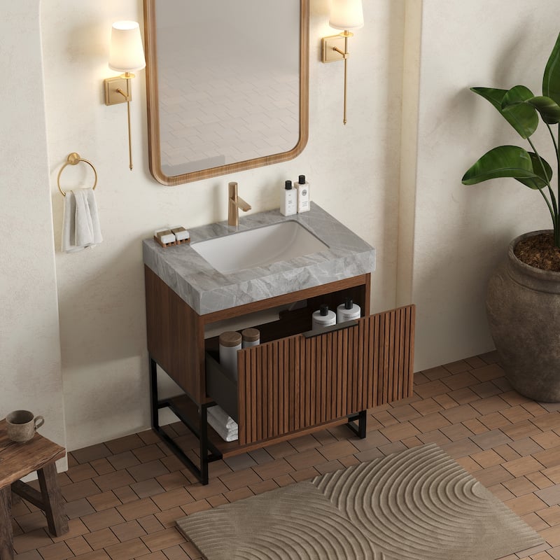 GDFStudio - Yolan Modern 30" Freestanding Bathroom Vanity with Striped Drawer, Open Shelf & Undermount Ceramic Basin
