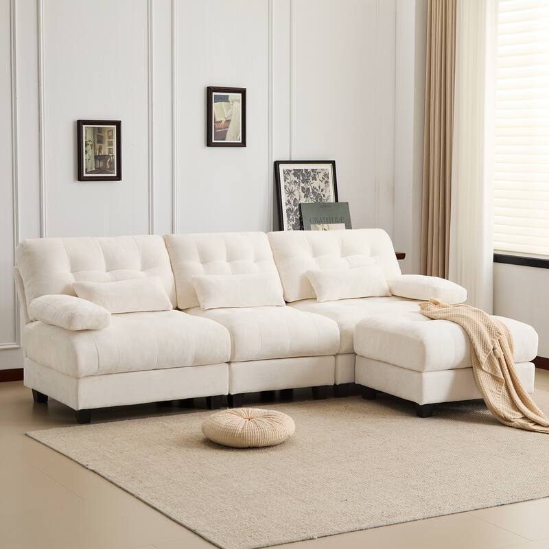 GDFStudio - 4-Piece Adjustable Backrest 93" Chenille Sofa with Ottoman and 3 Throw Pillows - Beige