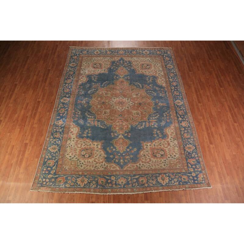 Floral Medallion Tabriz Persian Area Rug Blue Handmade Wool Carpet - 9'5"x 12'5"