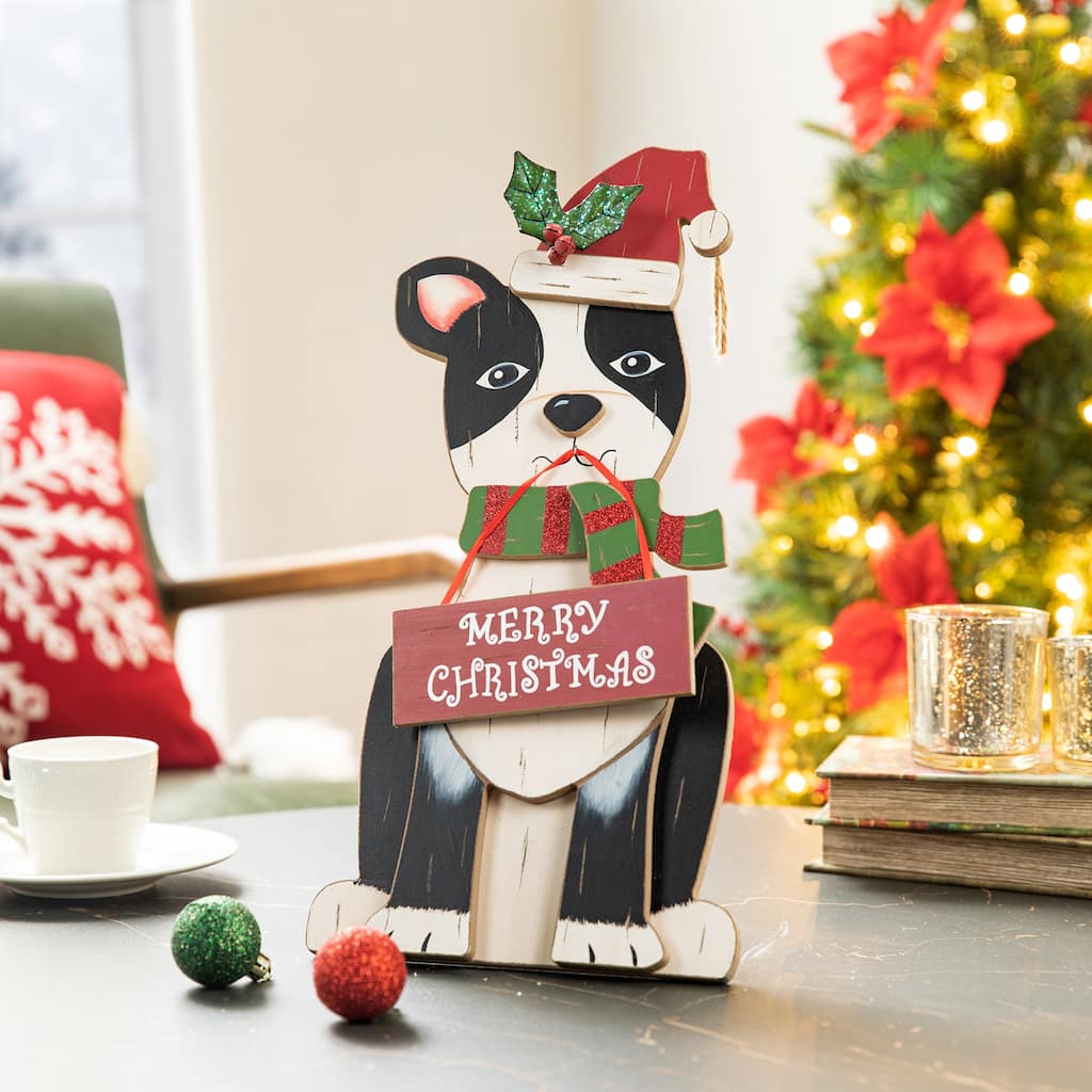 Glitzhome 16"H Wooden Christmas Dog Figurines Table or Wall Decor