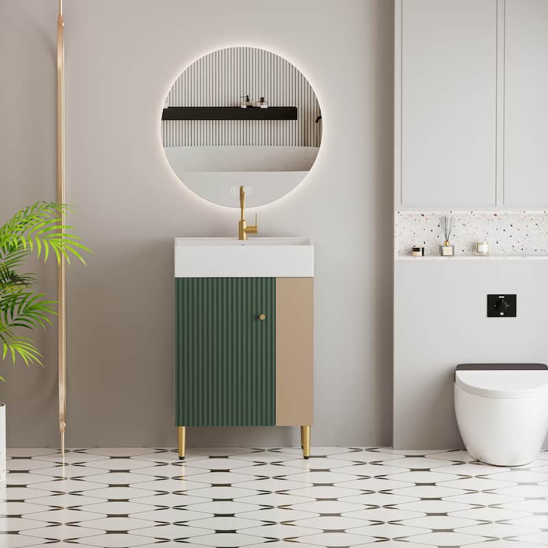 Open-shelving Bathroom Vanity with Ceramic Sink and Soft-Closing Door, Cloakroom Open Shelf Storage Cabinet on the Left Side