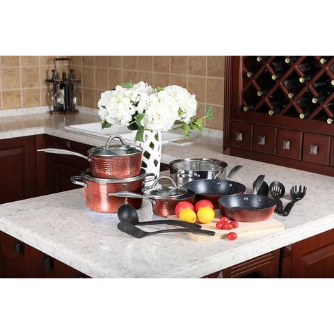 Kitchen Academy Premium Cookware - 15 Piece Interior Granite Pot Pan Set with Triple Coated Nonstick Aluminum Composition