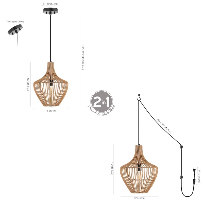 Lucas 1-Light Farmhouse Coastal 180" Cord Plug-In or Hardwired LED Pendant, by JONATHAN Y