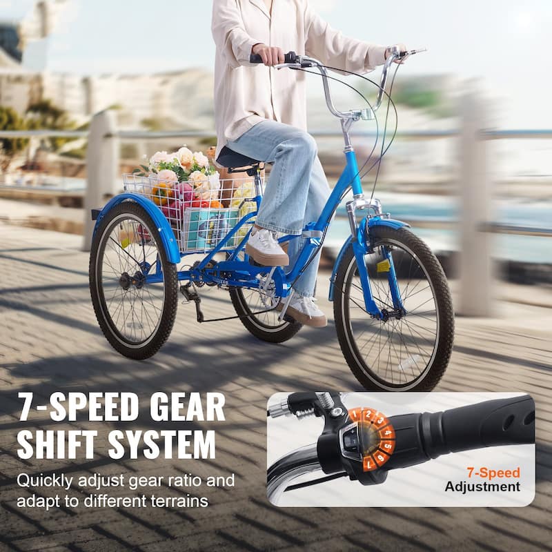 Folding 7-Speed Tricycle for Adults, 24-Inch 3-Wheel Bike with Basket & Adjustable Seat - 70.9 x 29.9 x 45.9 in