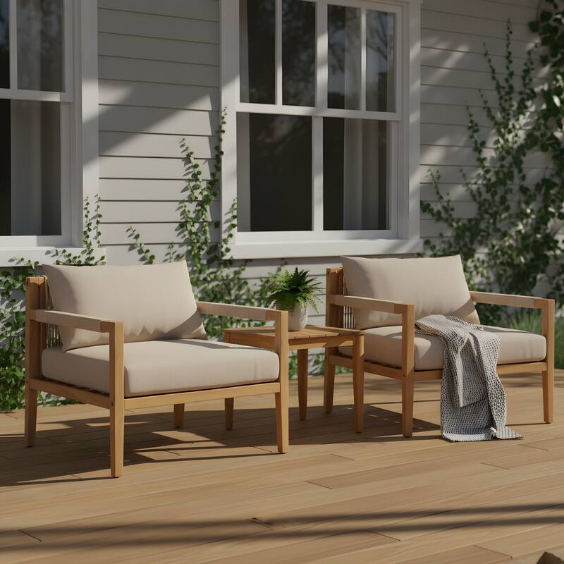 Christopher Knight Home - Modern Outdoor Wooden Rope Conversation Set with Beige Cushions and Side Table - Teak 4 Legs Table - 2 chair