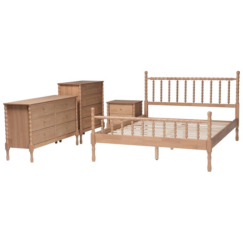 Laurent Bamboo-Style 4-Piece Bedroom Set - Spindle Platform Bed with Matching Dresser, Chest, and Nightstand, Queen