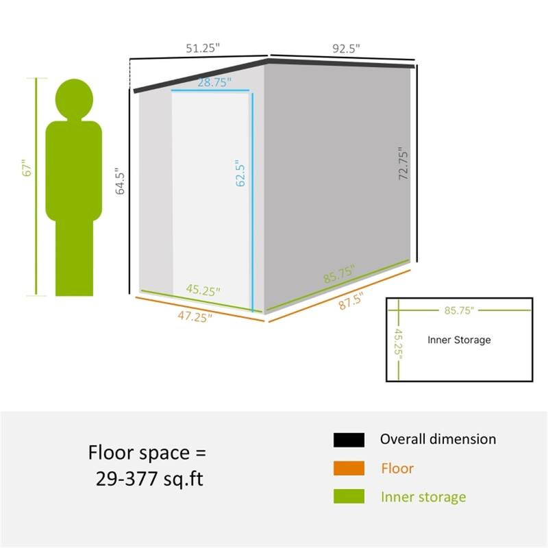 Galvanized Metal Garden Shed Outdoor Storage Lockable Door - 51.2" W x 92.5" D x 64.6" - 72.8" H