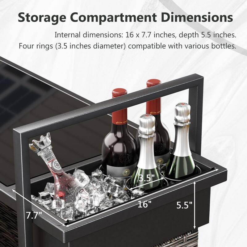 Outdoor 49.2" PE Wicker Bar Cart with Cabinet Patio Serving Cart with Tempered Glass Top