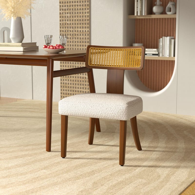 Set of 2 Mid-Century Modern Dining Chairs – Solid Wood Frame with Woven Rattan Backrest, Stylish Accent Chairs .