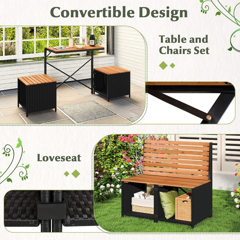 Black Rattan Acacia Wood Convertible Picnic Bench Table Set with Storage - 66" × 18" × 32"