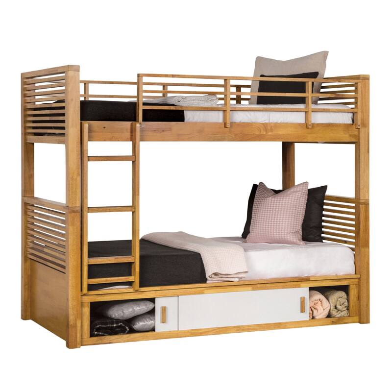Dilu Twin over Twin Bunk Bed, Light Oak Brown Hardwood, Reversible Ladder